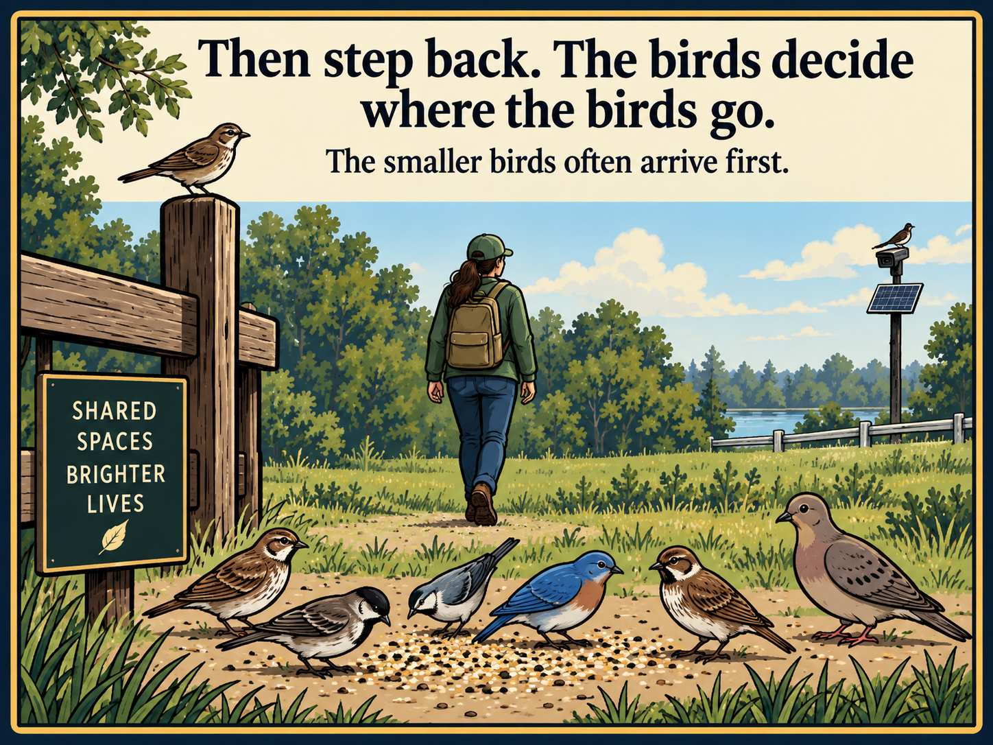 Panel 3: Then step back. The birds decide where the birds go.