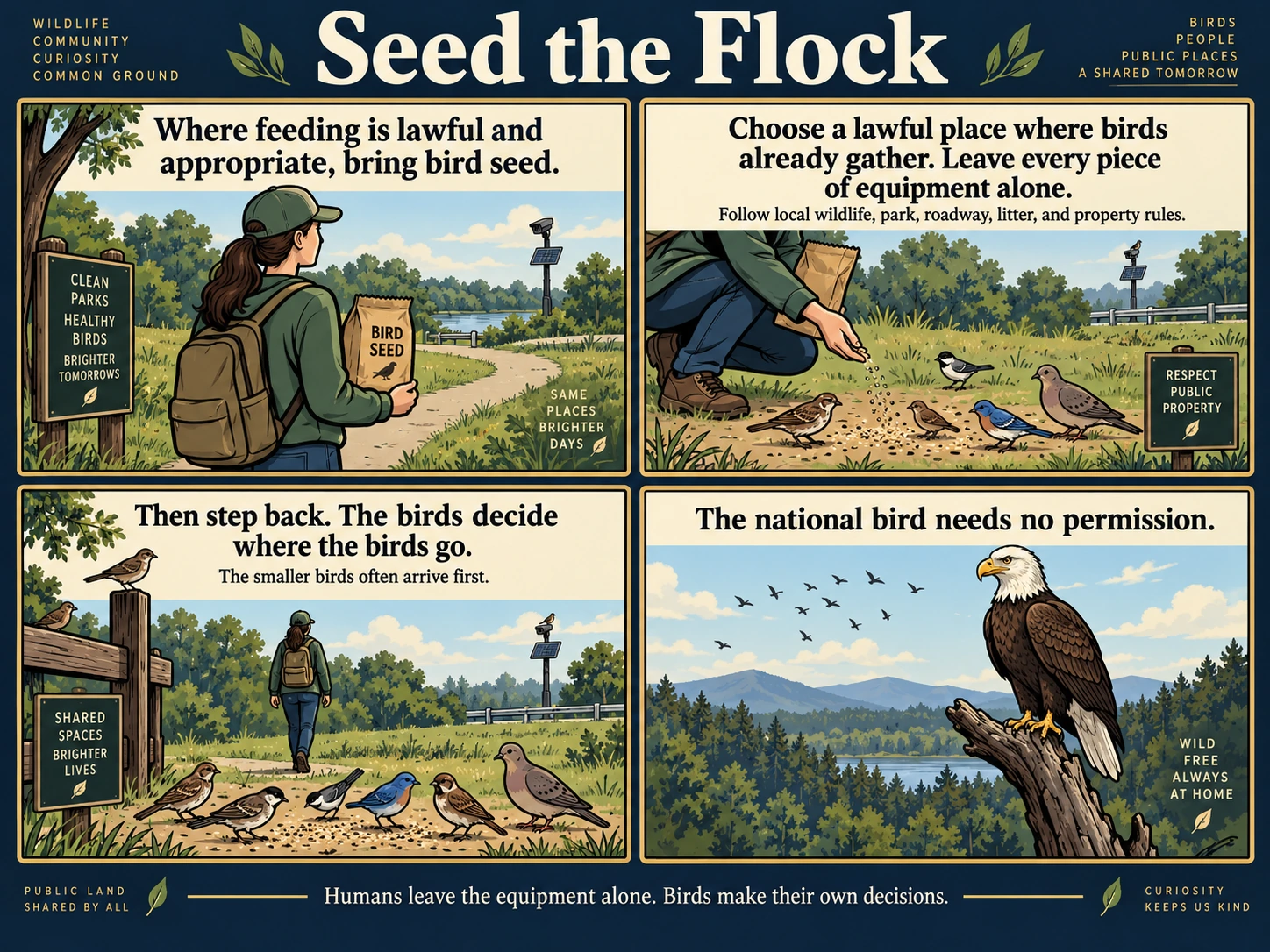 Four-panel Seed the Flock poster showing a person bringing bird seed, choosing a lawful place, stepping back, and birds acting independently.